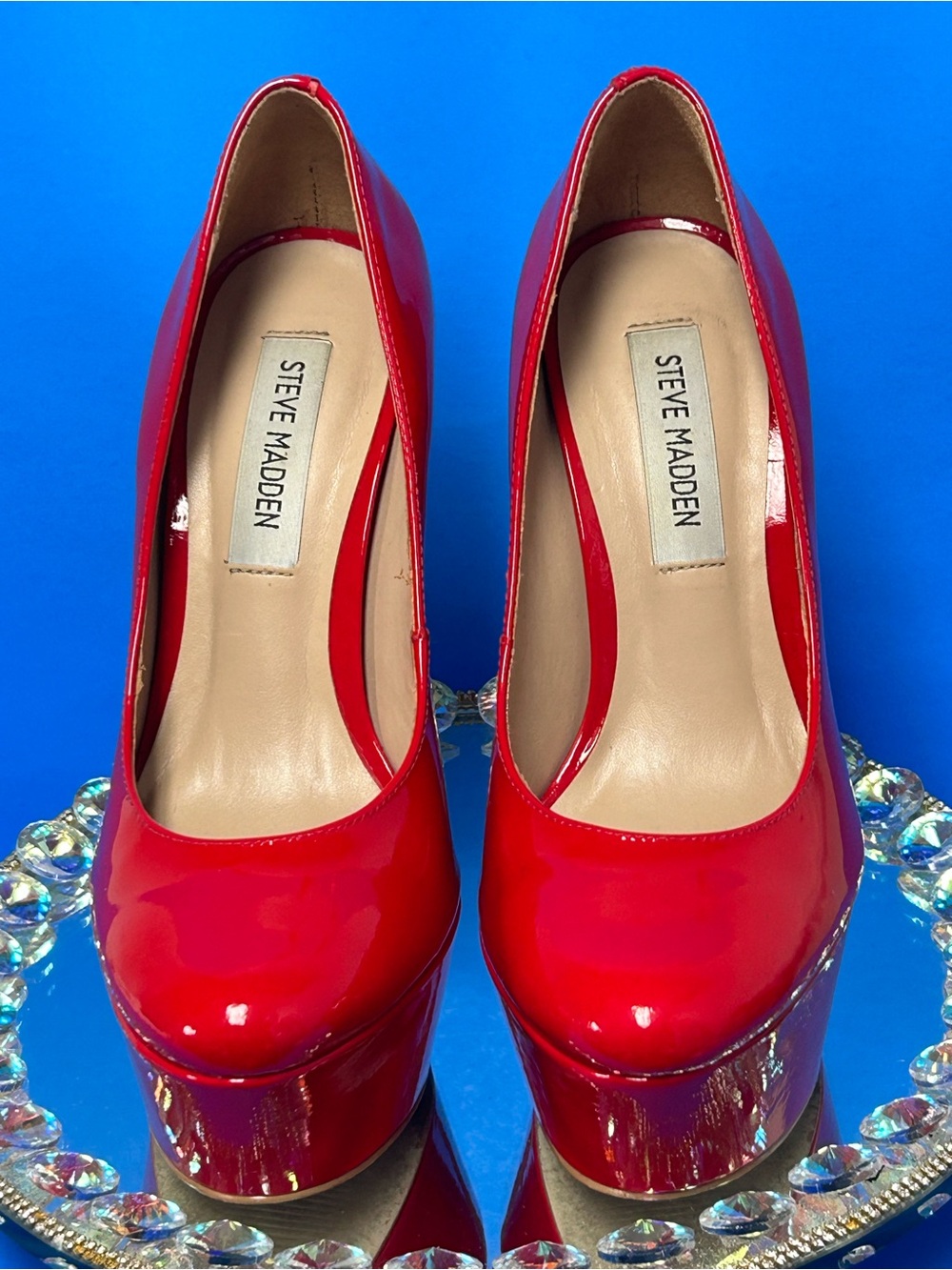Steve Madden Red Patent Platform Pumps - Glossy Round Toe 5” Heel